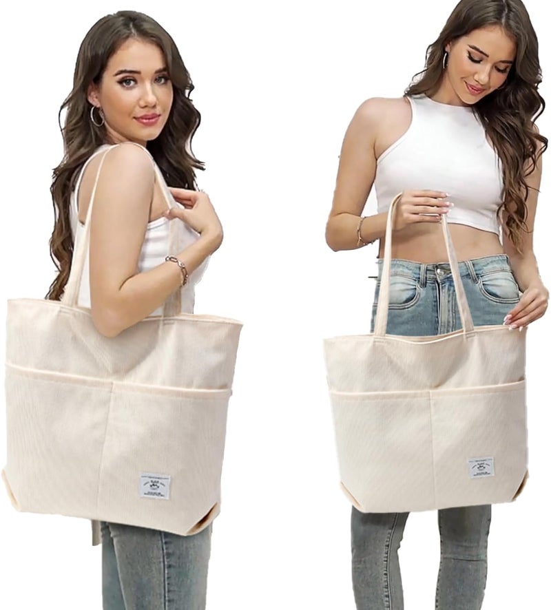 KALIDI FANCY FOREST KALIDI Women Corduroy Tote Bag Zipper Casual Tote's Handbag Big Capacity Shoulder Bag with Pockets - Image 2